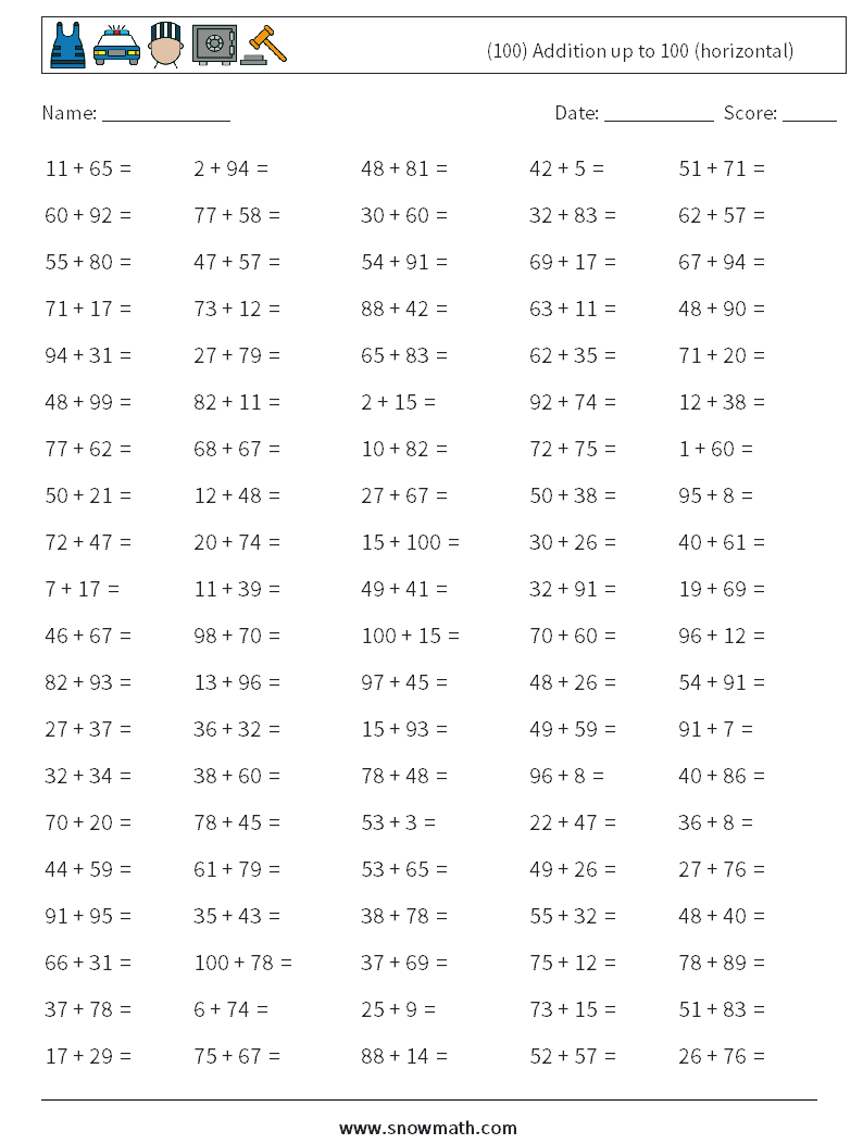 (100) Addition up to 100 (horizontal) Math Worksheets 8