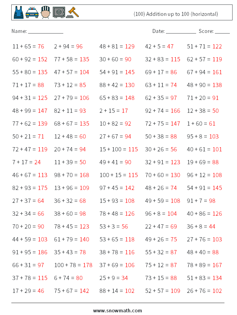 (100) Addition up to 100 (horizontal) Math Worksheets 8 Question, Answer