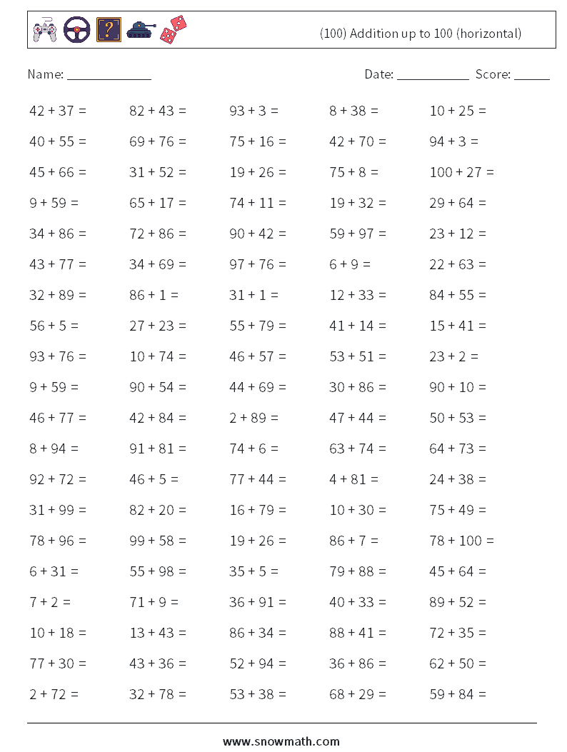 (100) Addition up to 100 (horizontal) Math Worksheets 9