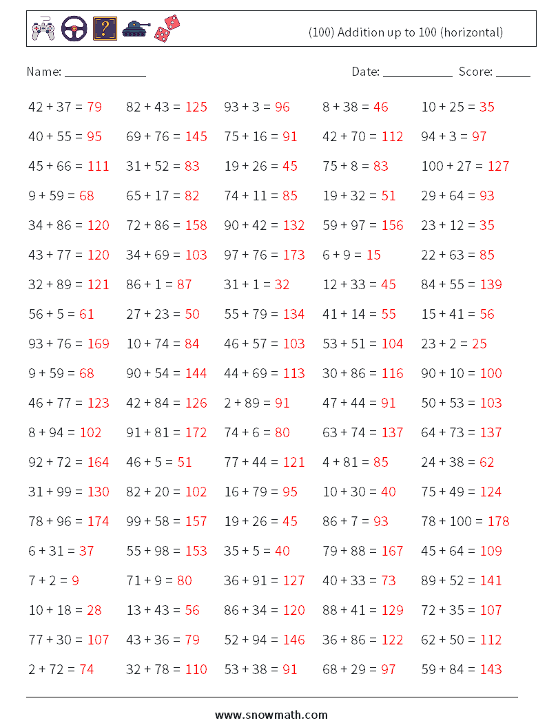 (100) Addition up to 100 (horizontal) Math Worksheets 9 Question, Answer