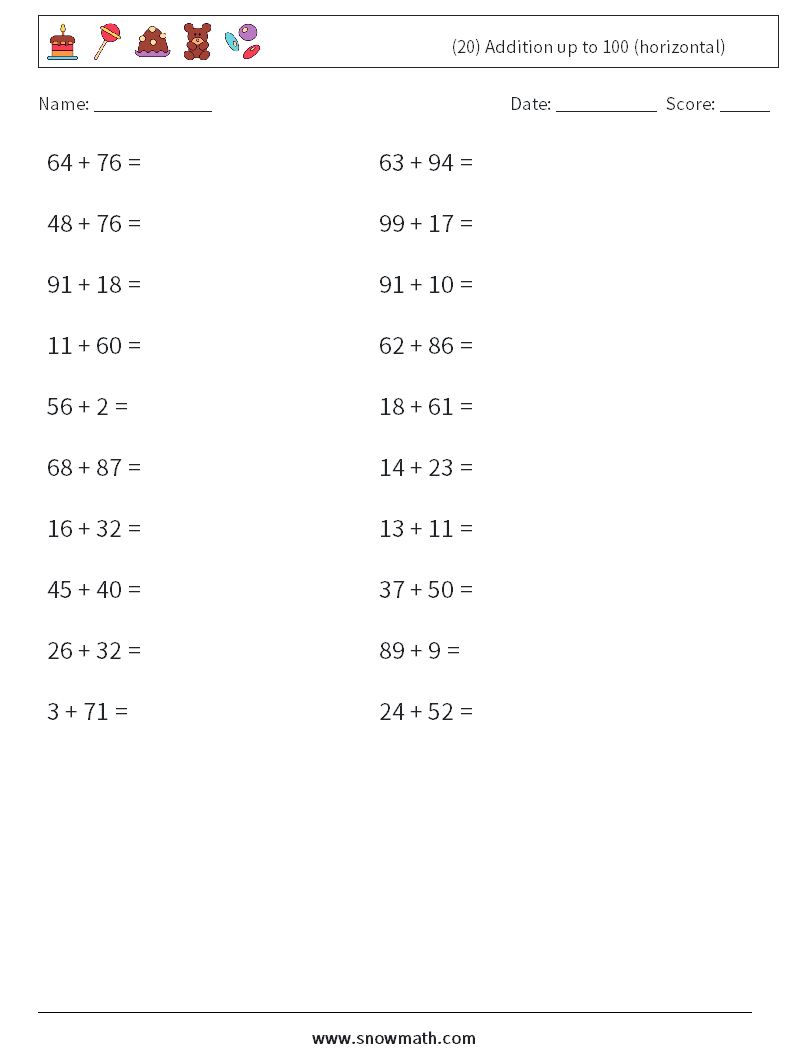 (20) Addition up to 100 (horizontal) Math Worksheets 1