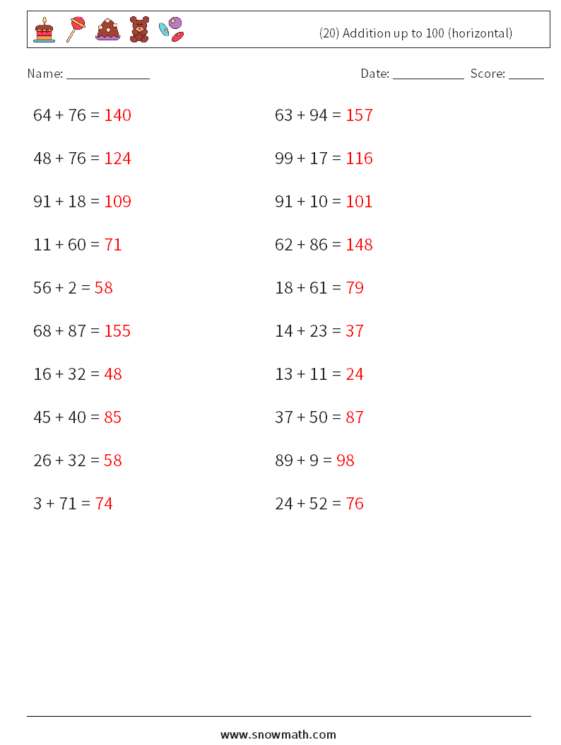 (20) Addition up to 100 (horizontal) Math Worksheets 1 Question, Answer