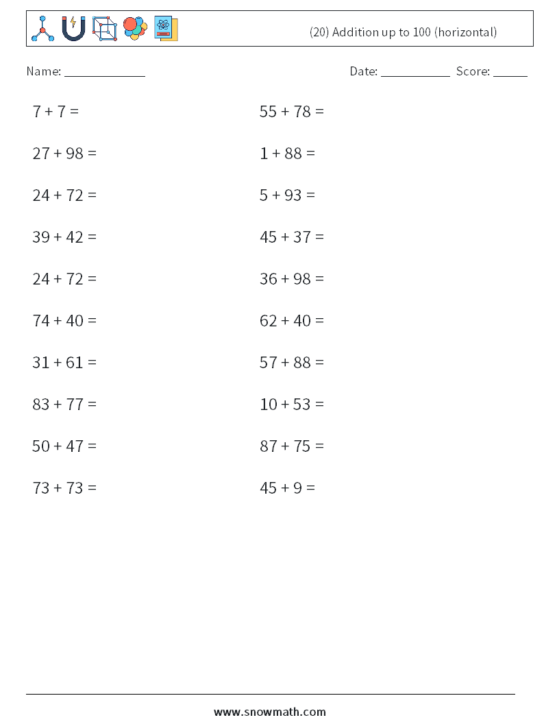 (20) Addition up to 100 (horizontal) Maths Worksheets 3