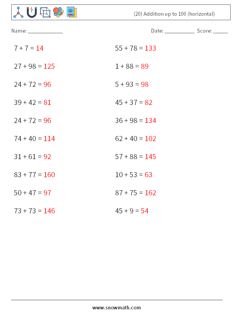 (20) Addition up to 100 (horizontal) Math Worksheets 3 Question, Answer