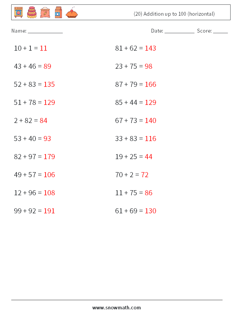 (20) Addition up to 100 (horizontal) Math Worksheets 4 Question, Answer