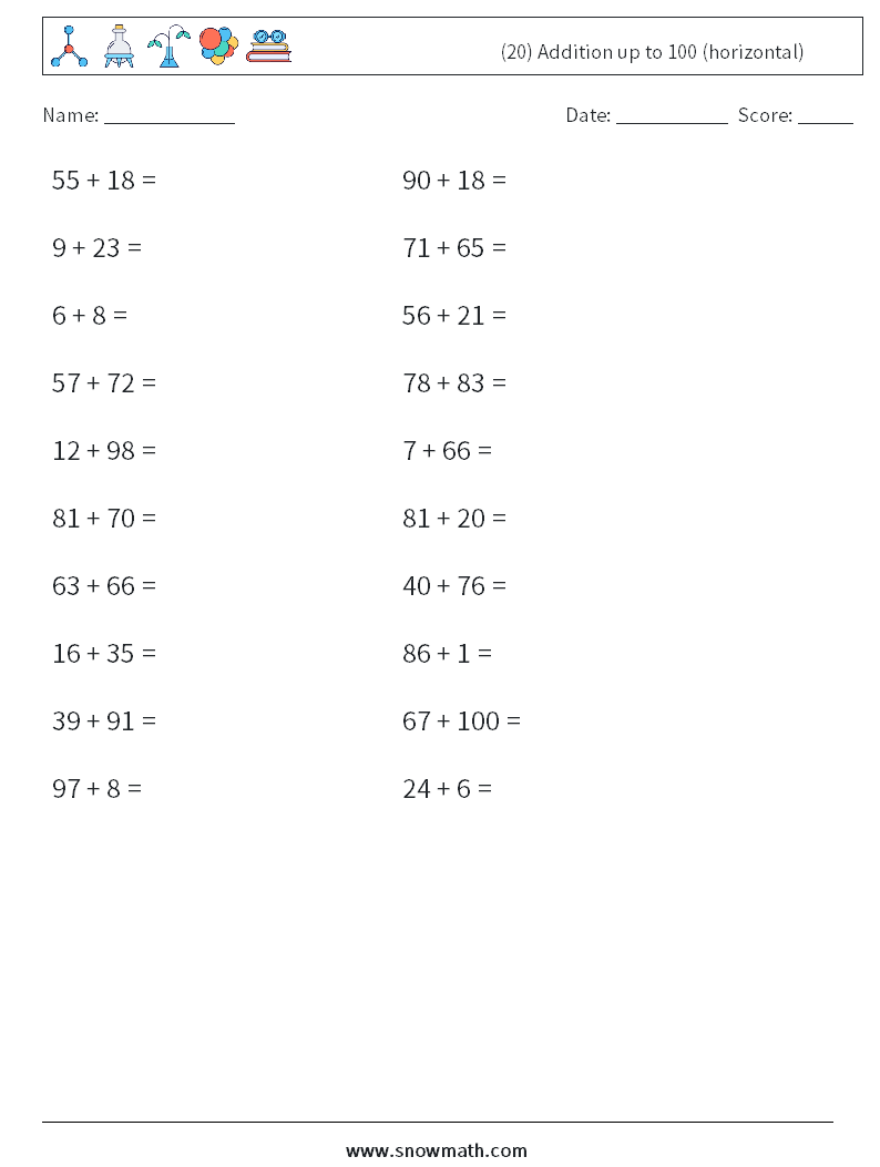(20) Addition up to 100 (horizontal) Math Worksheets 5