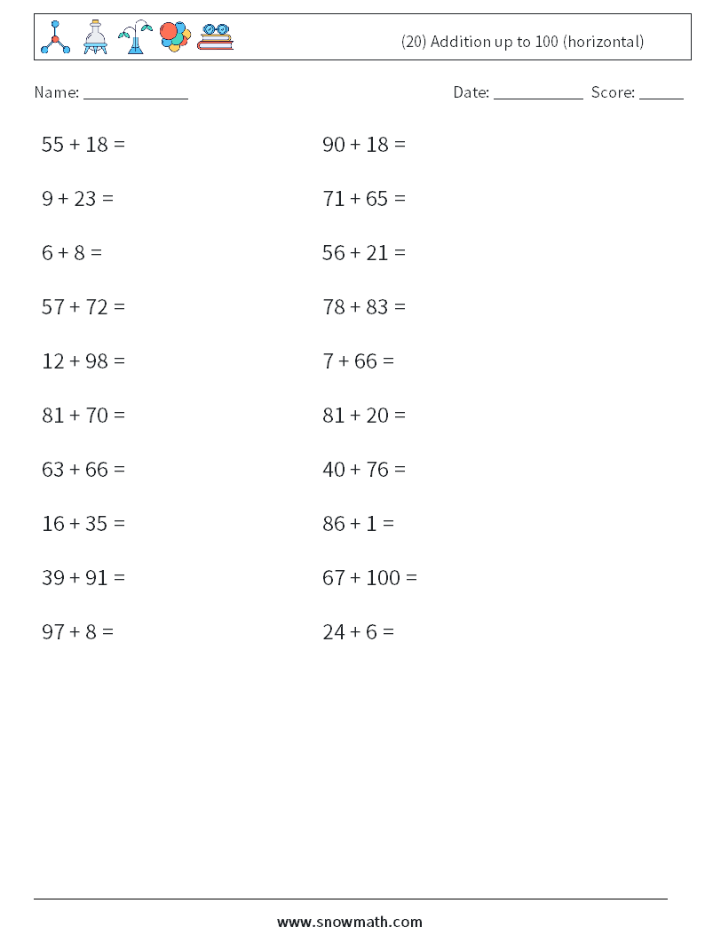 (20) Addition up to 100 (horizontal) Maths Worksheets 5