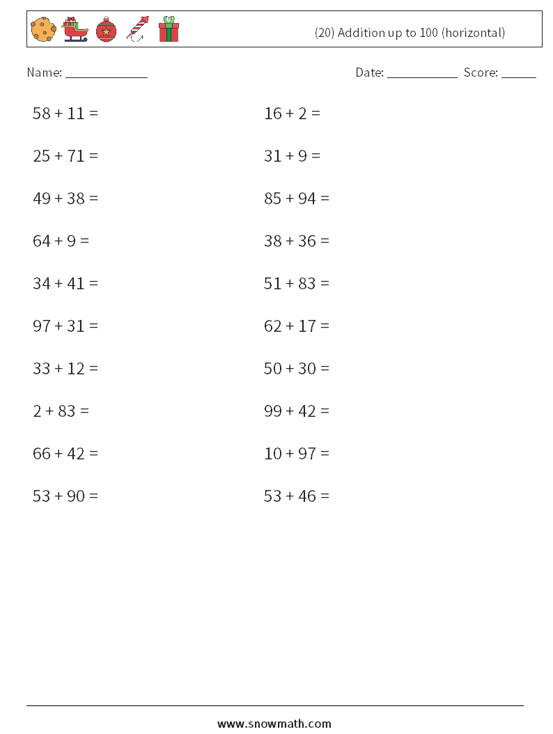 (20) Addition up to 100 (horizontal) Math Worksheets 6