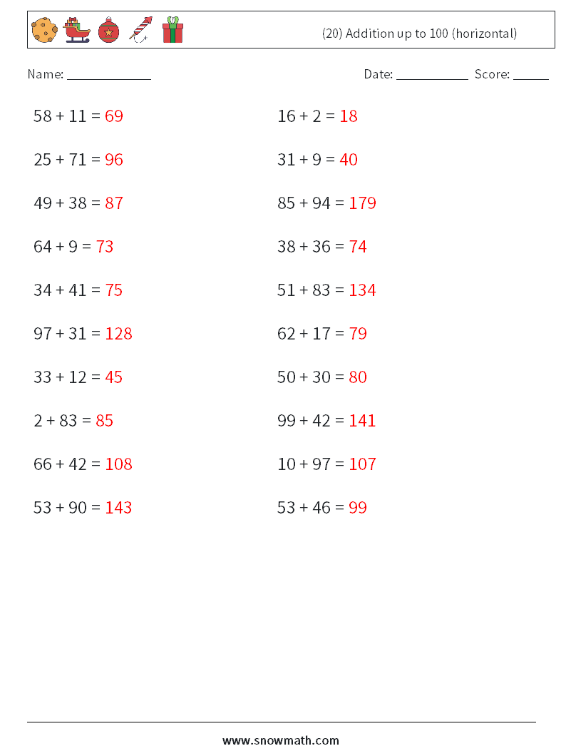 (20) Addition up to 100 (horizontal) Math Worksheets 6 Question, Answer