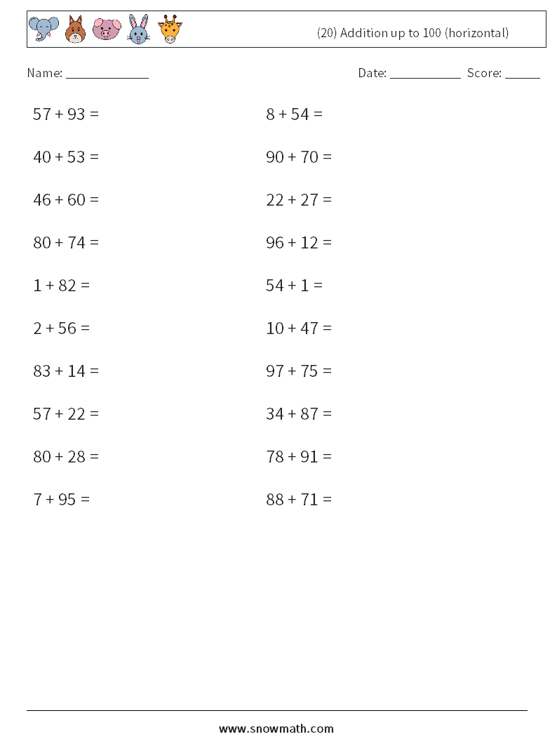 (20) Addition up to 100 (horizontal) Maths Worksheets 7