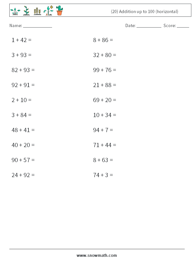 (20) Addition up to 100 (horizontal) Math Worksheets 8