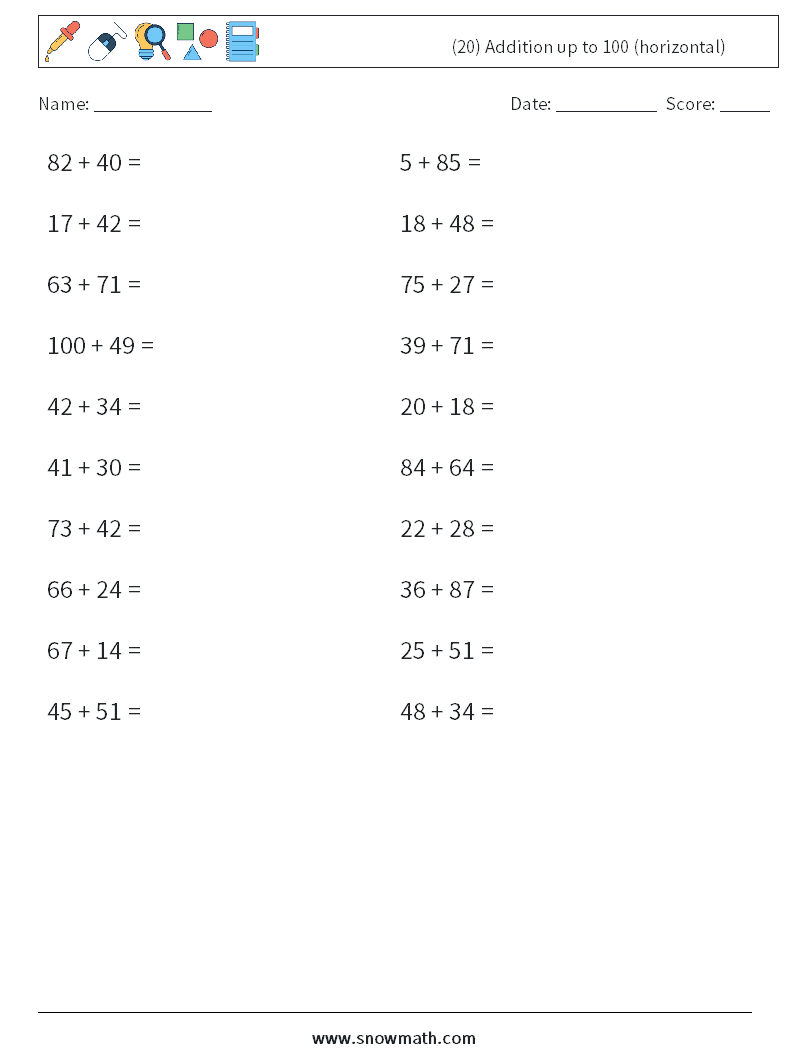(20) Addition up to 100 (horizontal) Math Worksheets 9