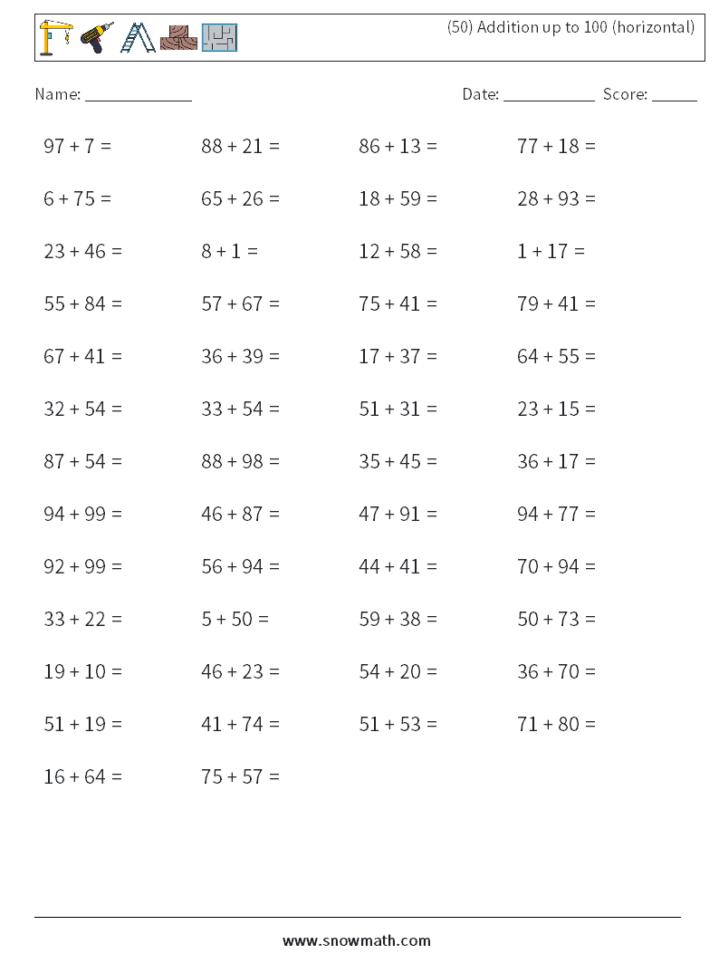 (50) Addition up to 100 (horizontal) Math Worksheets 1