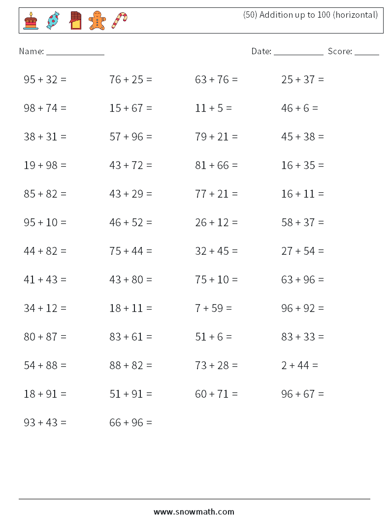 (50) Addition up to 100 (horizontal) Math Worksheets 2