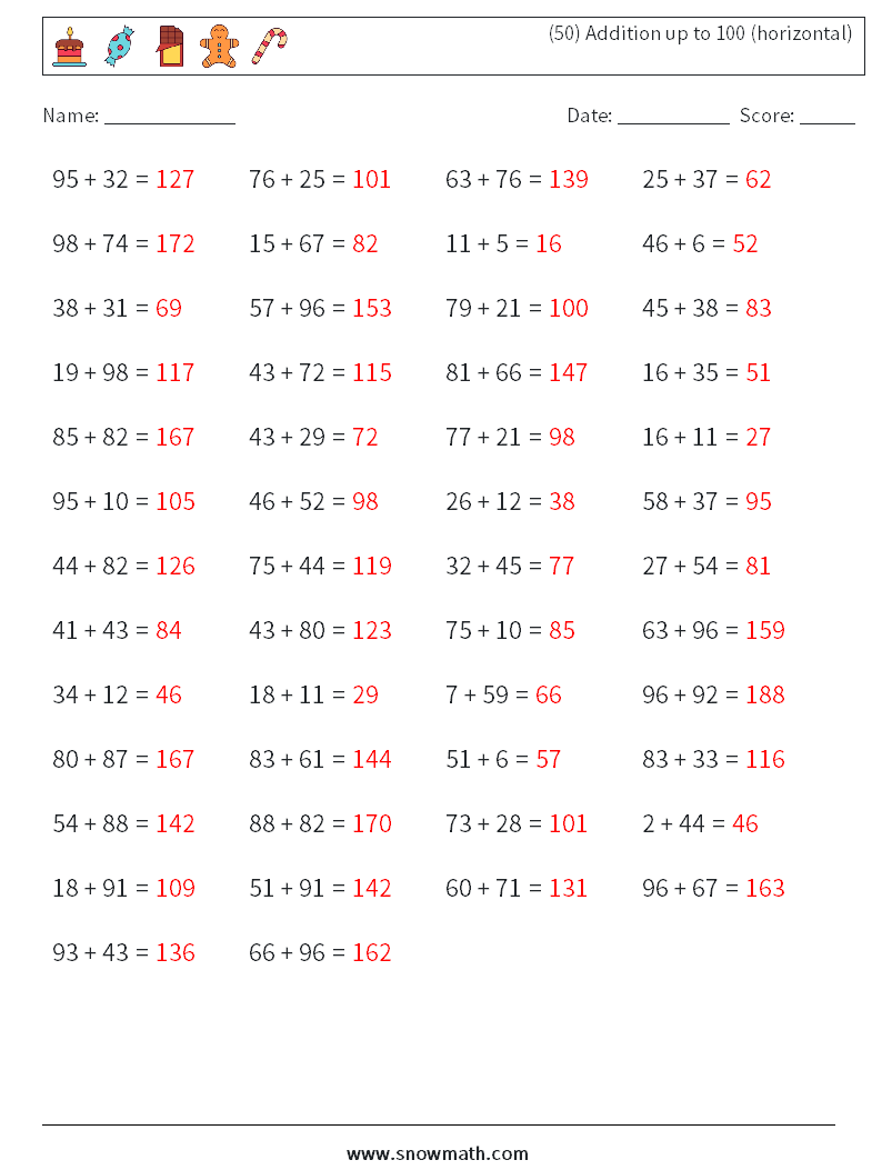 (50) Addition up to 100 (horizontal) Math Worksheets 2 Question, Answer