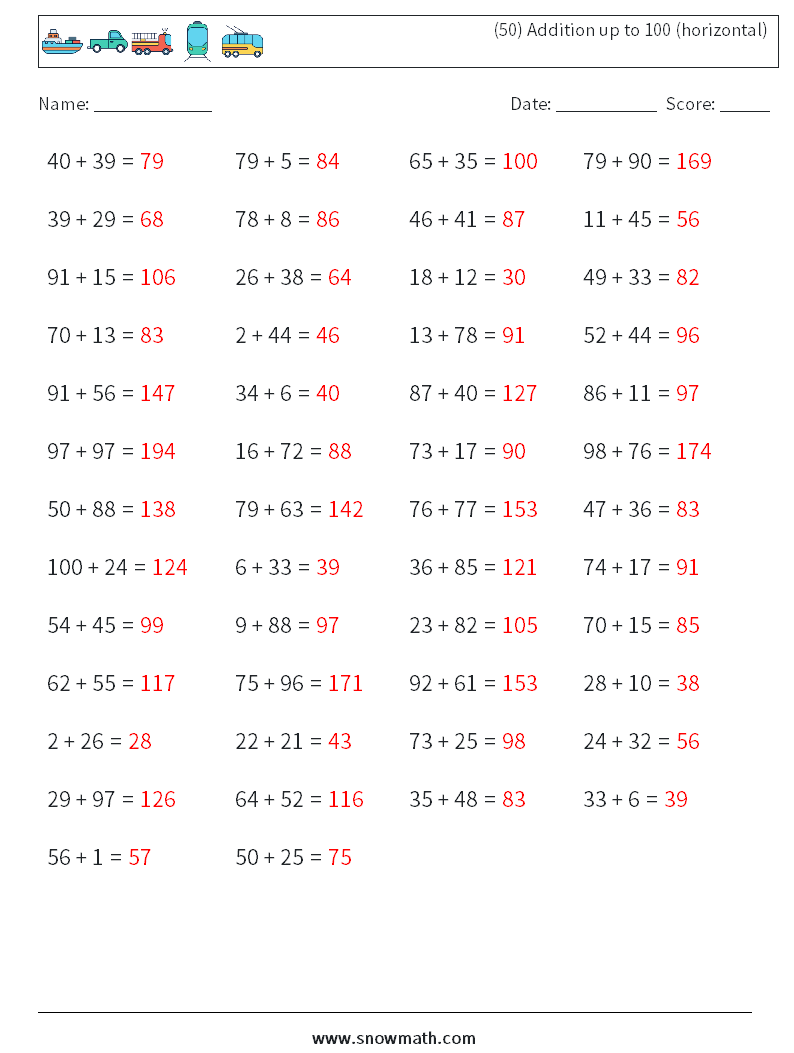 (50) Addition up to 100 (horizontal) Math Worksheets 3 Question, Answer