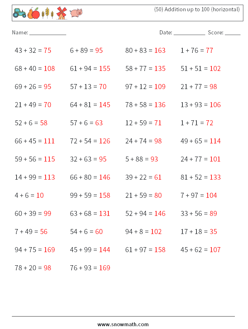 (50) Addition up to 100 (horizontal) Math Worksheets 4 Question, Answer