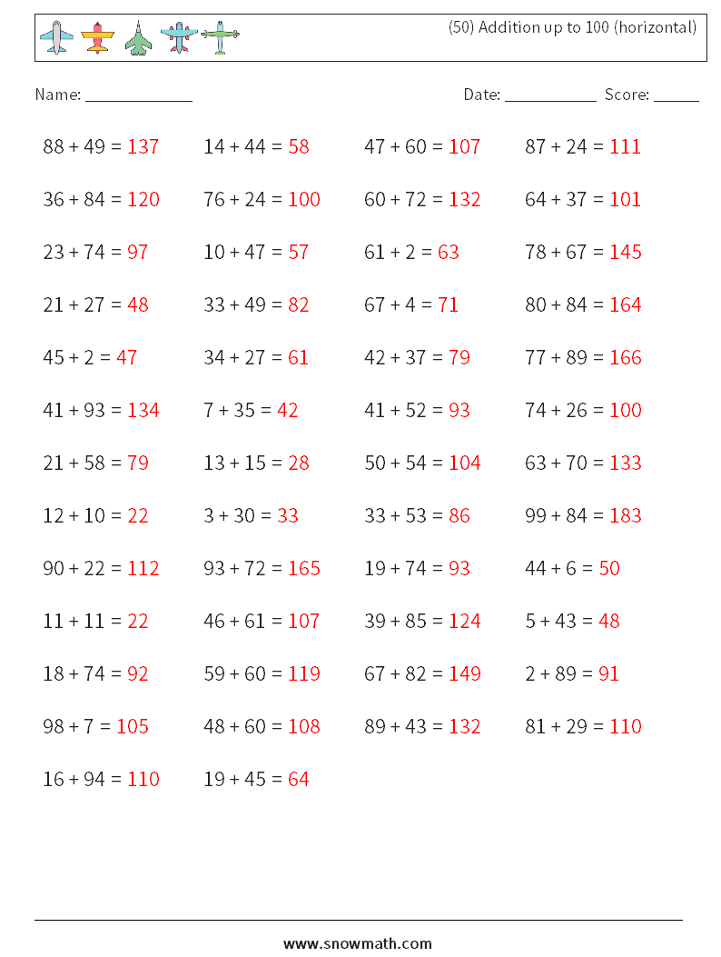 (50) Addition up to 100 (horizontal) Math Worksheets 5 Question, Answer