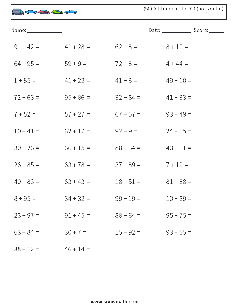 (50) Addition up to 100 (horizontal) Math Worksheets 6