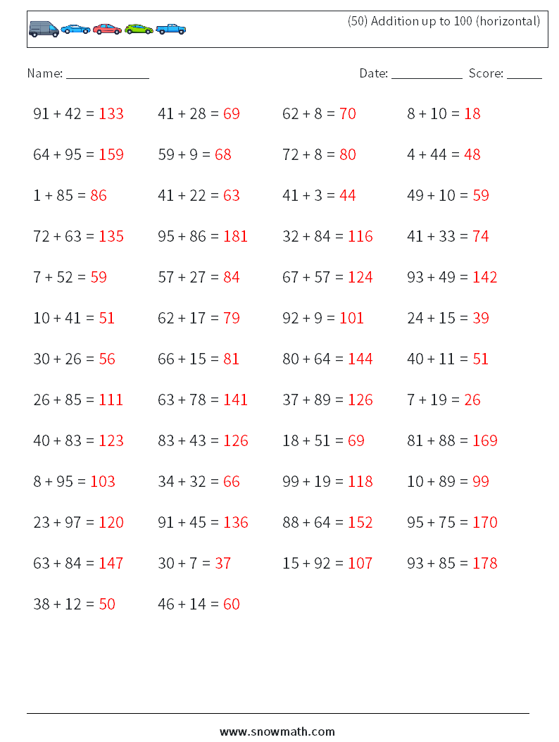 (50) Addition up to 100 (horizontal) Math Worksheets 6 Question, Answer