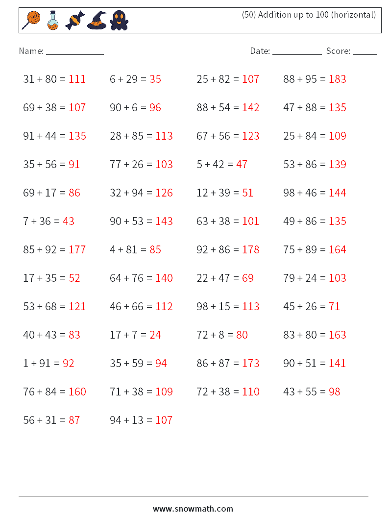 (50) Addition up to 100 (horizontal) Math Worksheets 7 Question, Answer