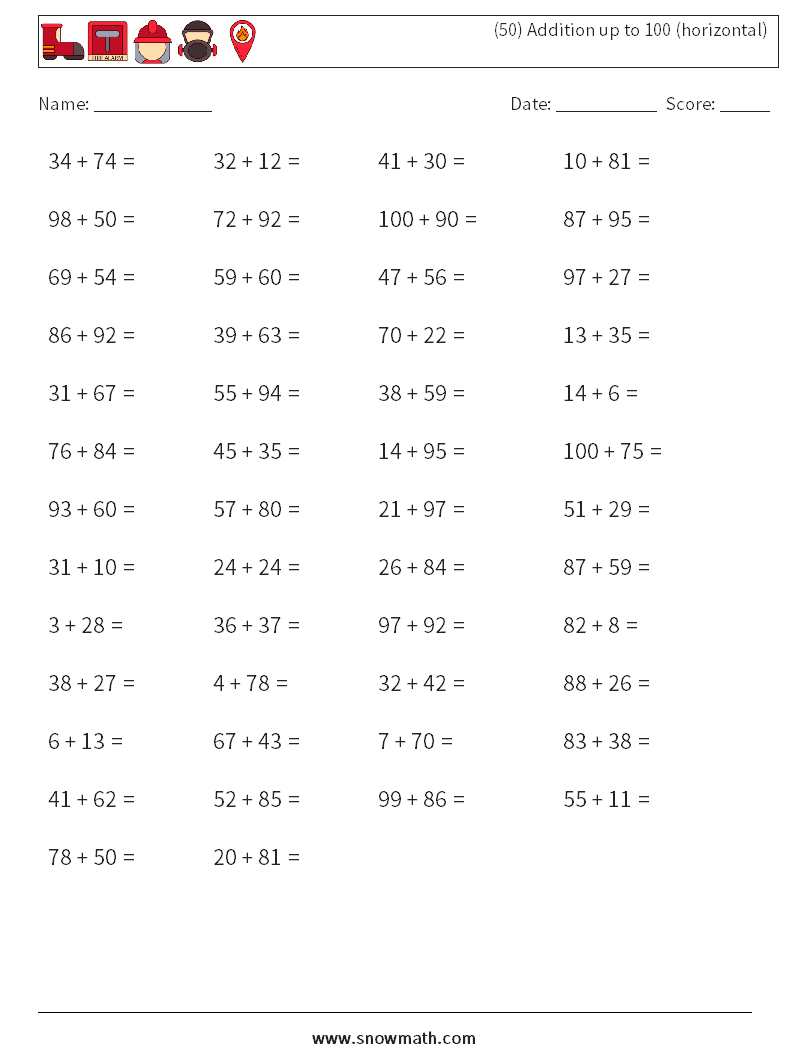 (50) Addition up to 100 (horizontal) Math Worksheets 8