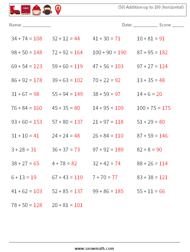 (50) Addition up to 100 (horizontal) Math Worksheets 8 Question, Answer