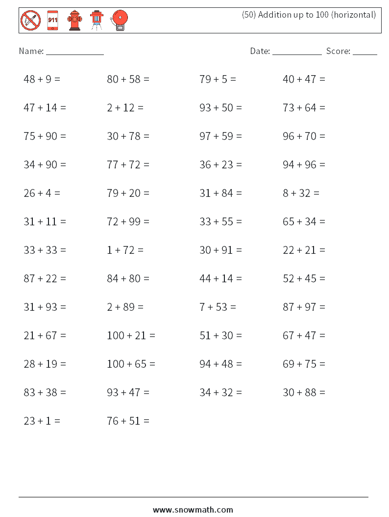 (50) Addition up to 100 (horizontal) Maths Worksheets 9