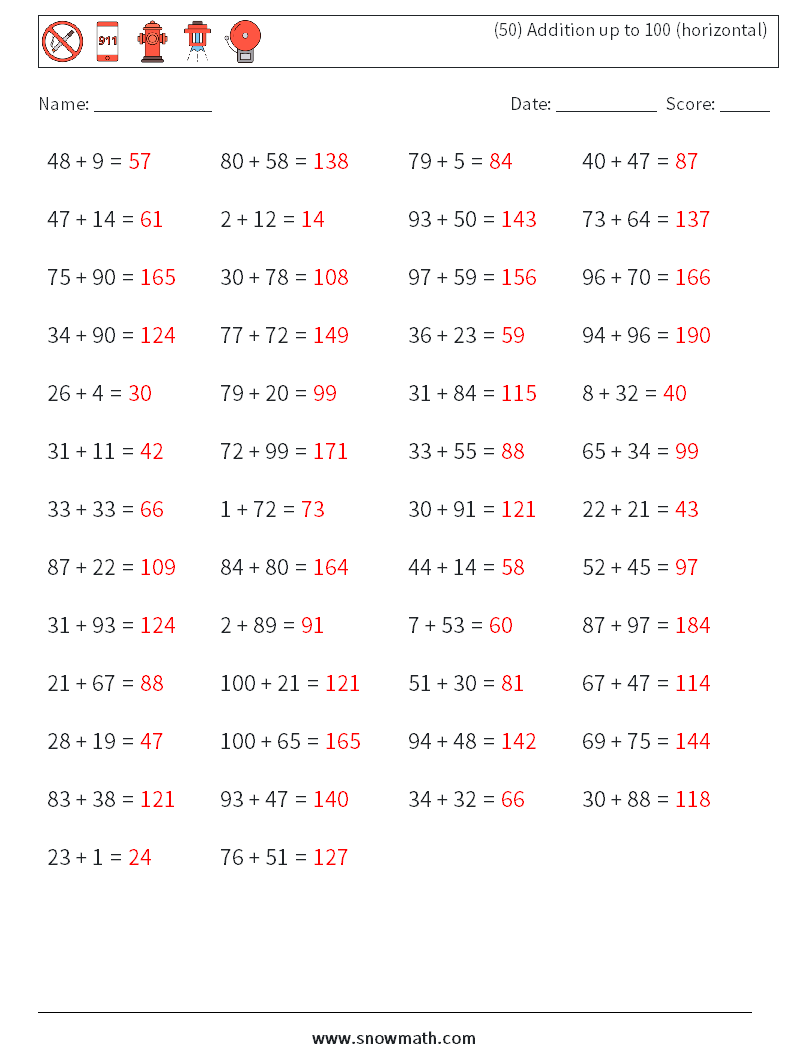 (50) Addition up to 100 (horizontal) Math Worksheets 9 Question, Answer