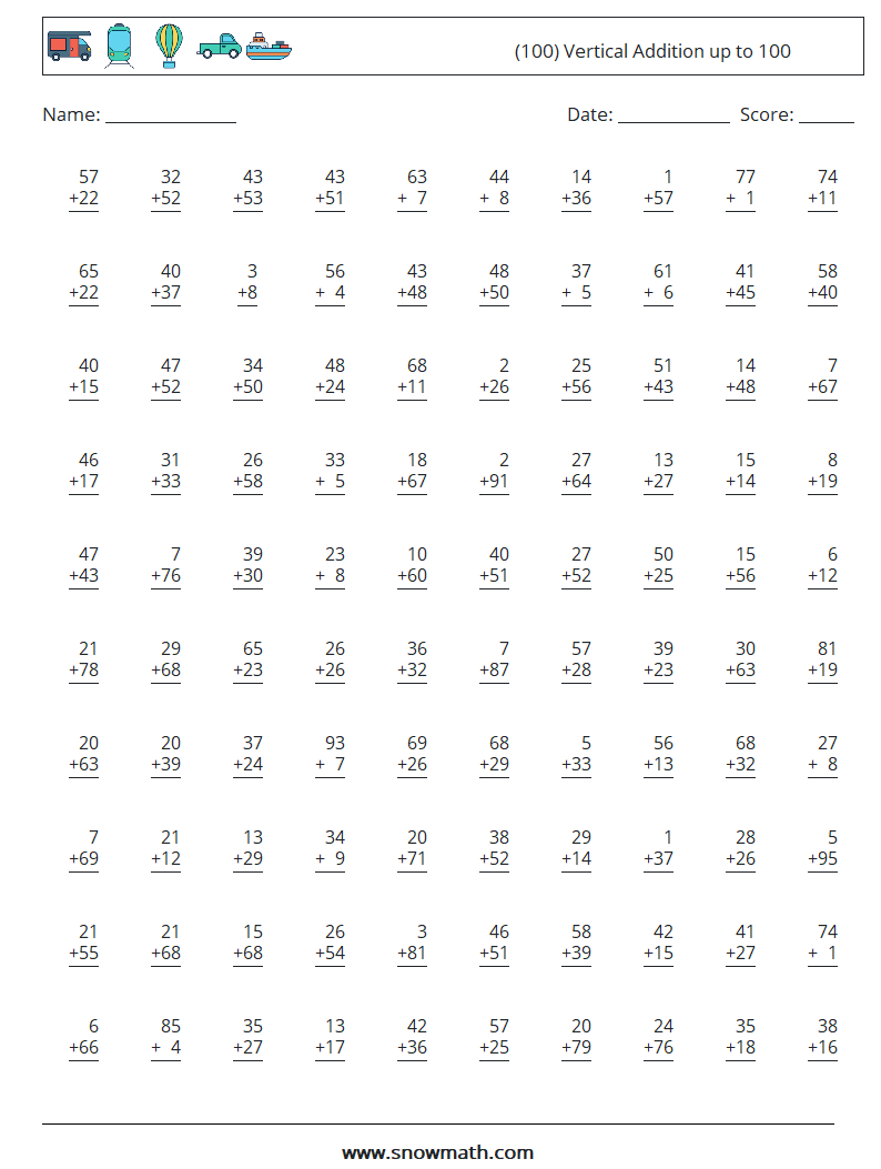 (100) Vertical Addition up to 100 Maths Worksheets 1