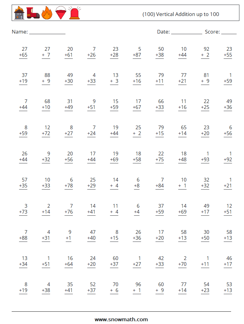 (100) Vertical Addition up to 100 Maths Worksheets 10