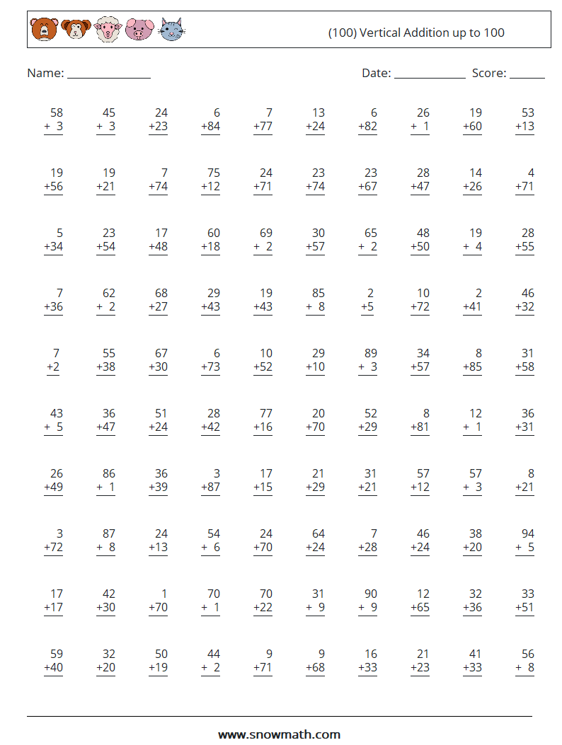 (100) Vertical Addition up to 100 Maths Worksheets 11