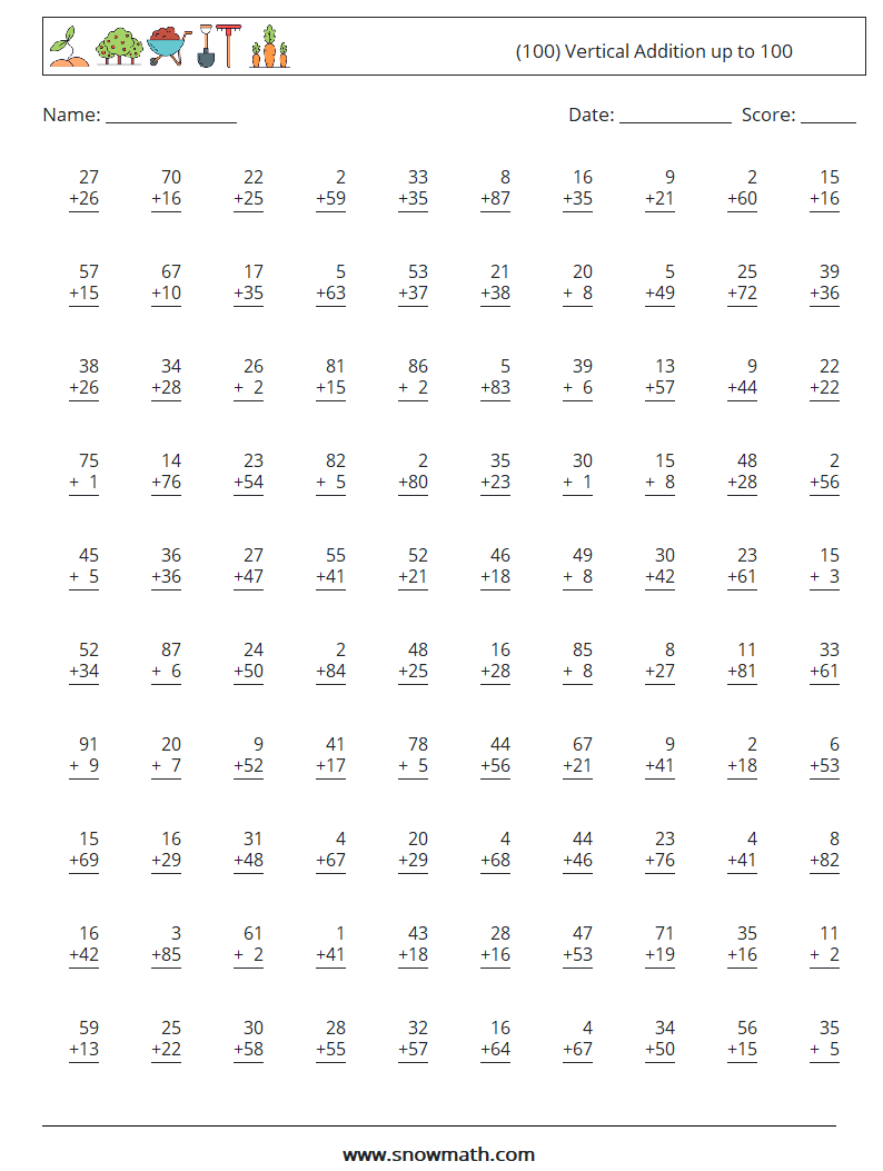 (100) Vertical Addition up to 100 Maths Worksheets 12