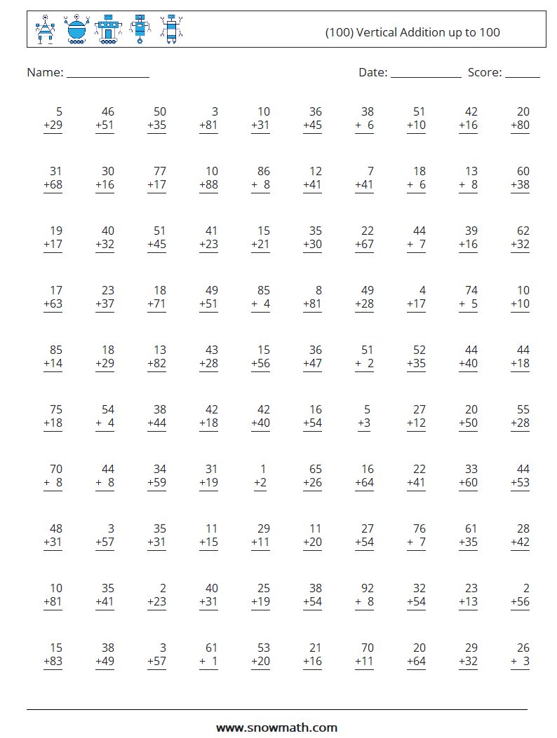 (100) Vertical Addition up to 100 Math Worksheets 15