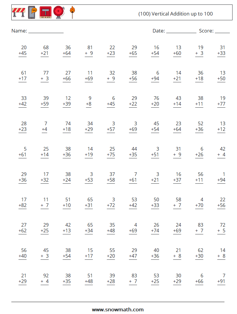 (100) Vertical Addition up to 100 Maths Worksheets 16