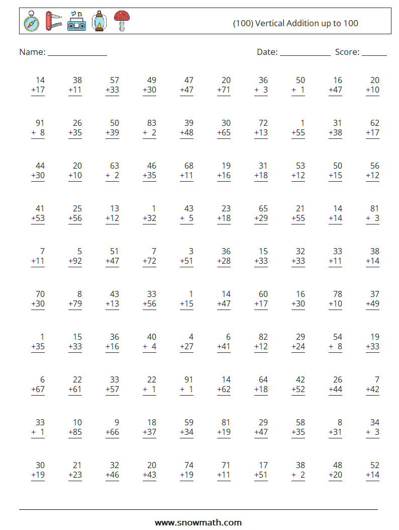 (100) Vertical Addition up to 100 Maths Worksheets 17