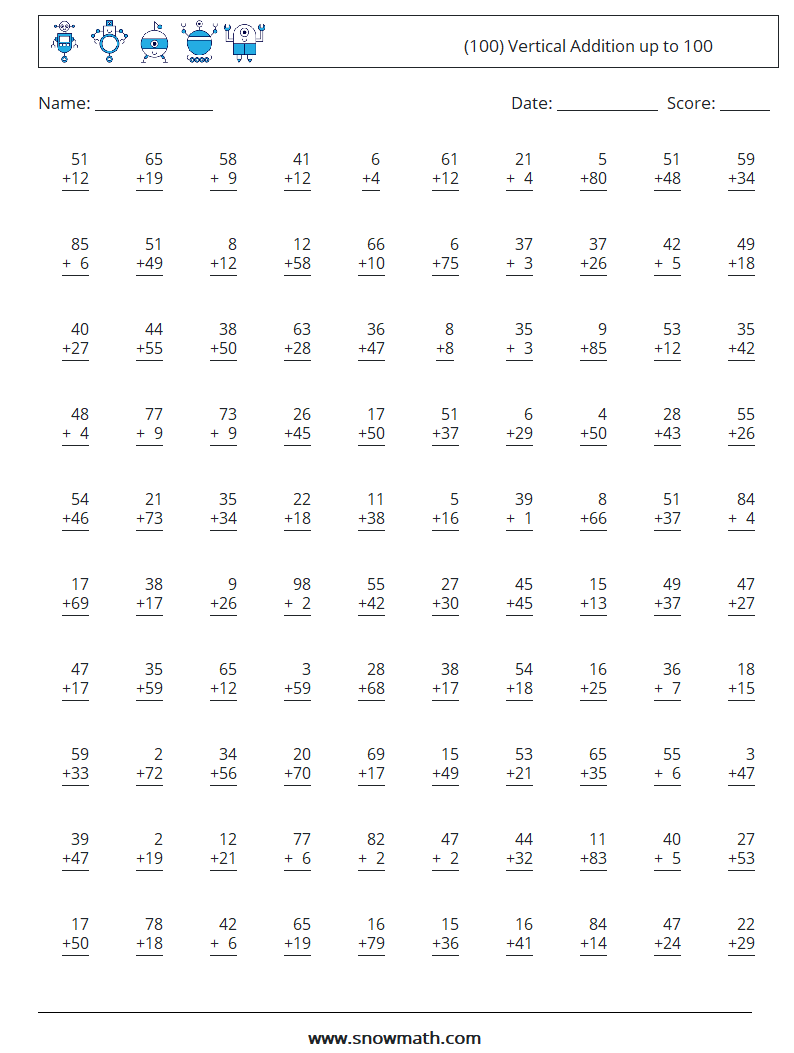 (100) Vertical Addition up to 100 Maths Worksheets 18