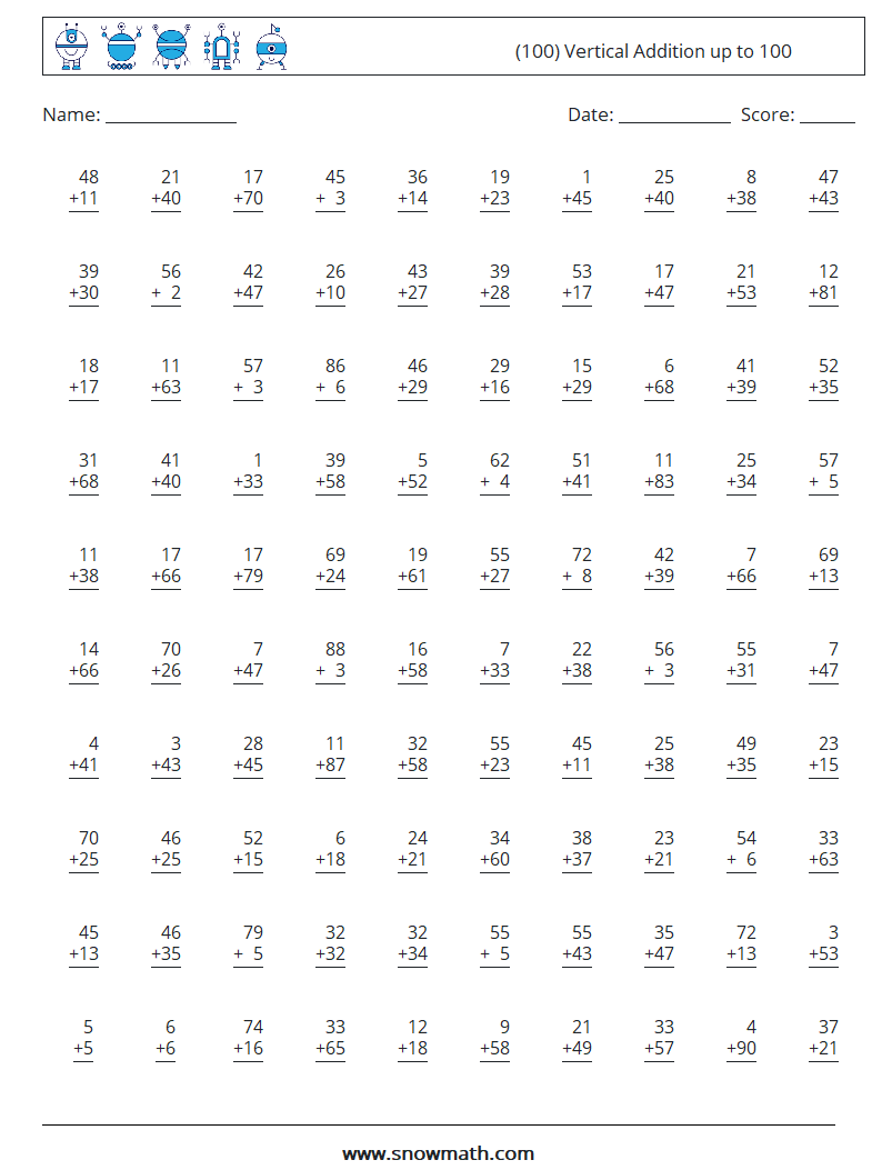 (100) Vertical Addition up to 100 Maths Worksheets 4