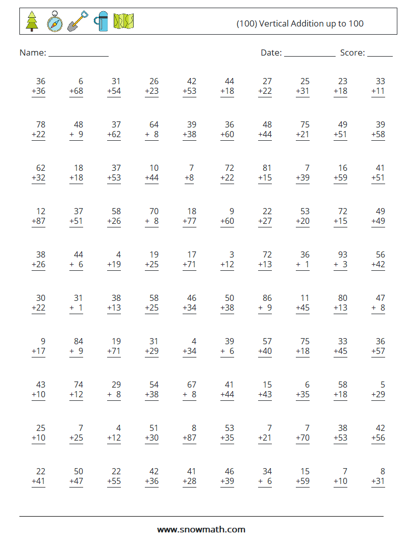 (100) Vertical Addition up to 100 Maths Worksheets 6