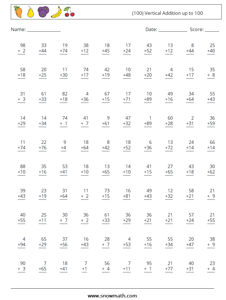 (100) Vertical Addition up to 100 Maths Worksheets 7