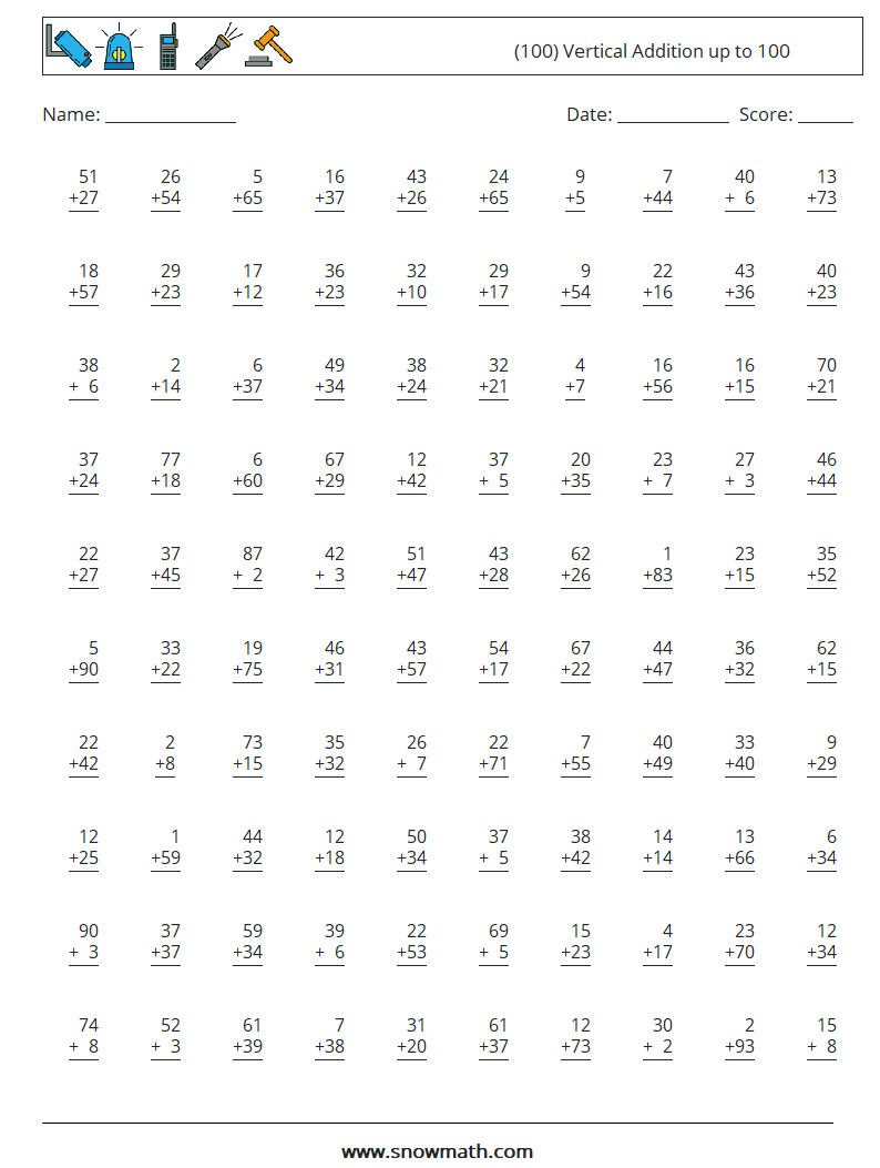 (100) Vertical Addition up to 100 Maths Worksheets 8