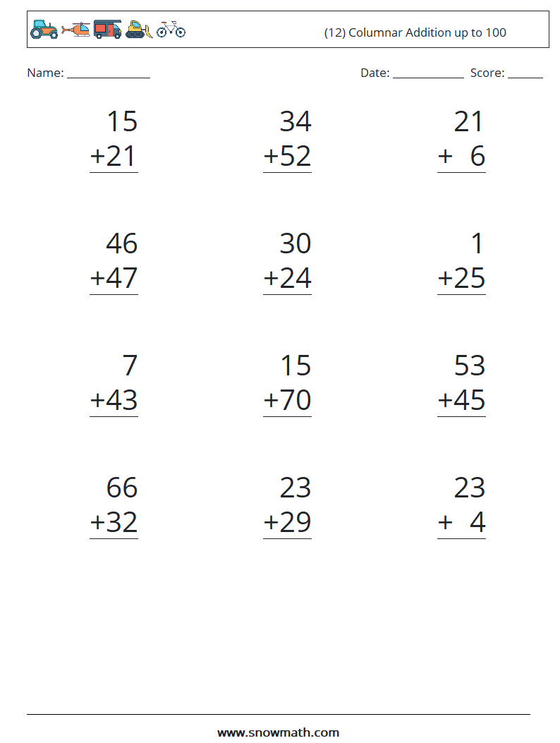 (12) Columnar Addition up to 100 Math Worksheets 10