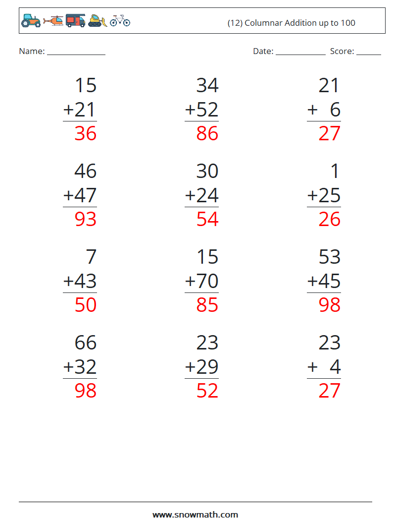 (12) Columnar Addition up to 100 Math Worksheets 10 Question, Answer