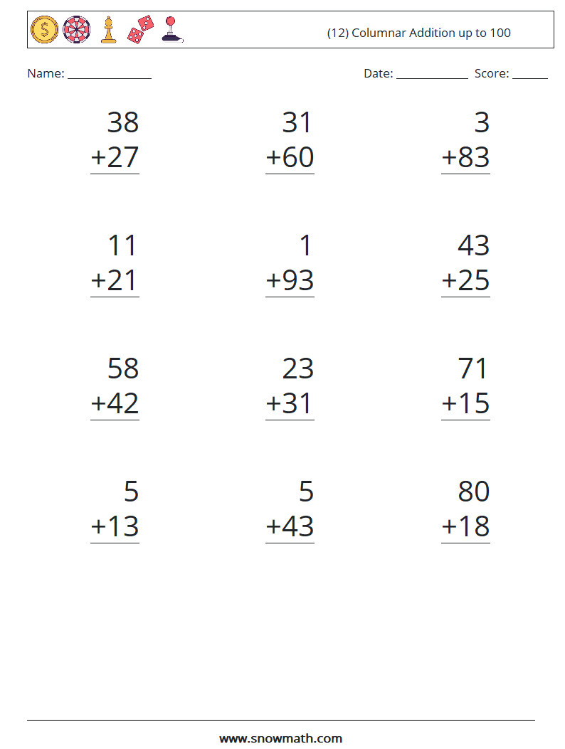 (12) Columnar Addition up to 100 Math Worksheets 11