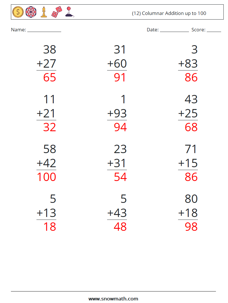 (12) Columnar Addition up to 100 Math Worksheets 11 Question, Answer