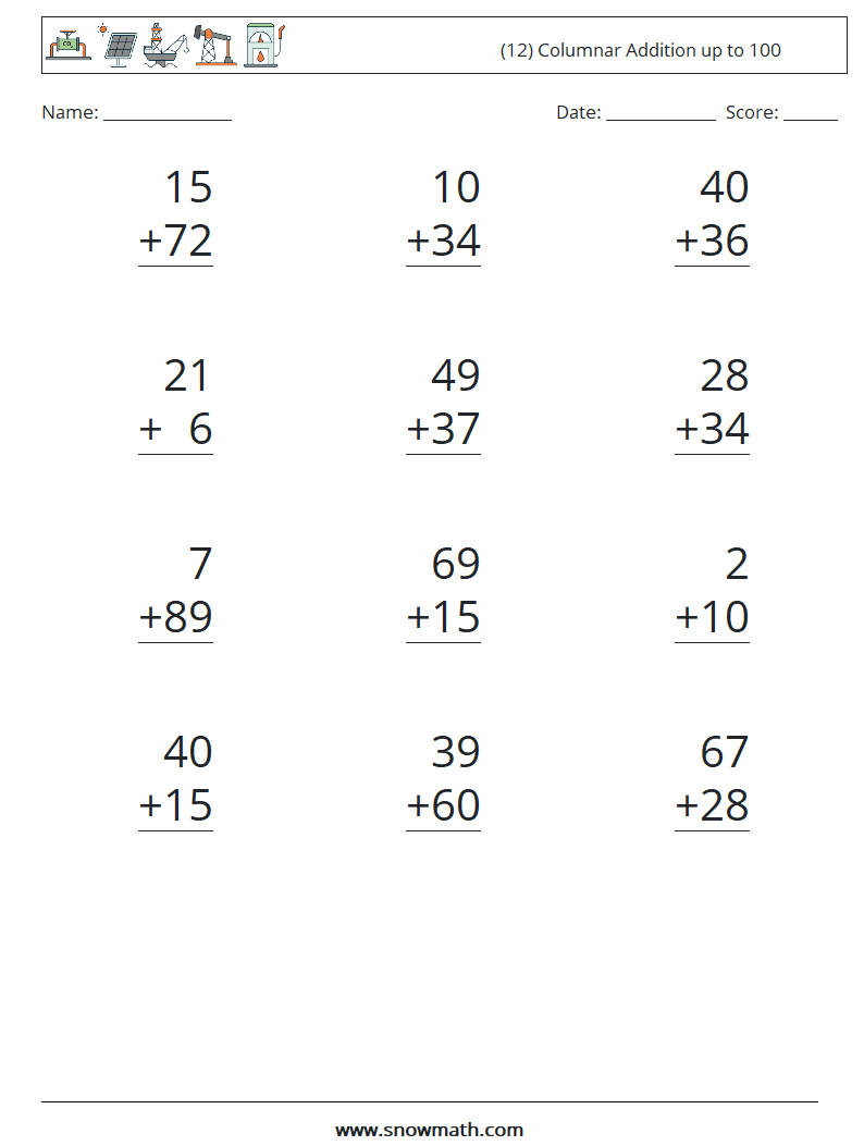 (12) Columnar Addition up to 100 Math Worksheets 12