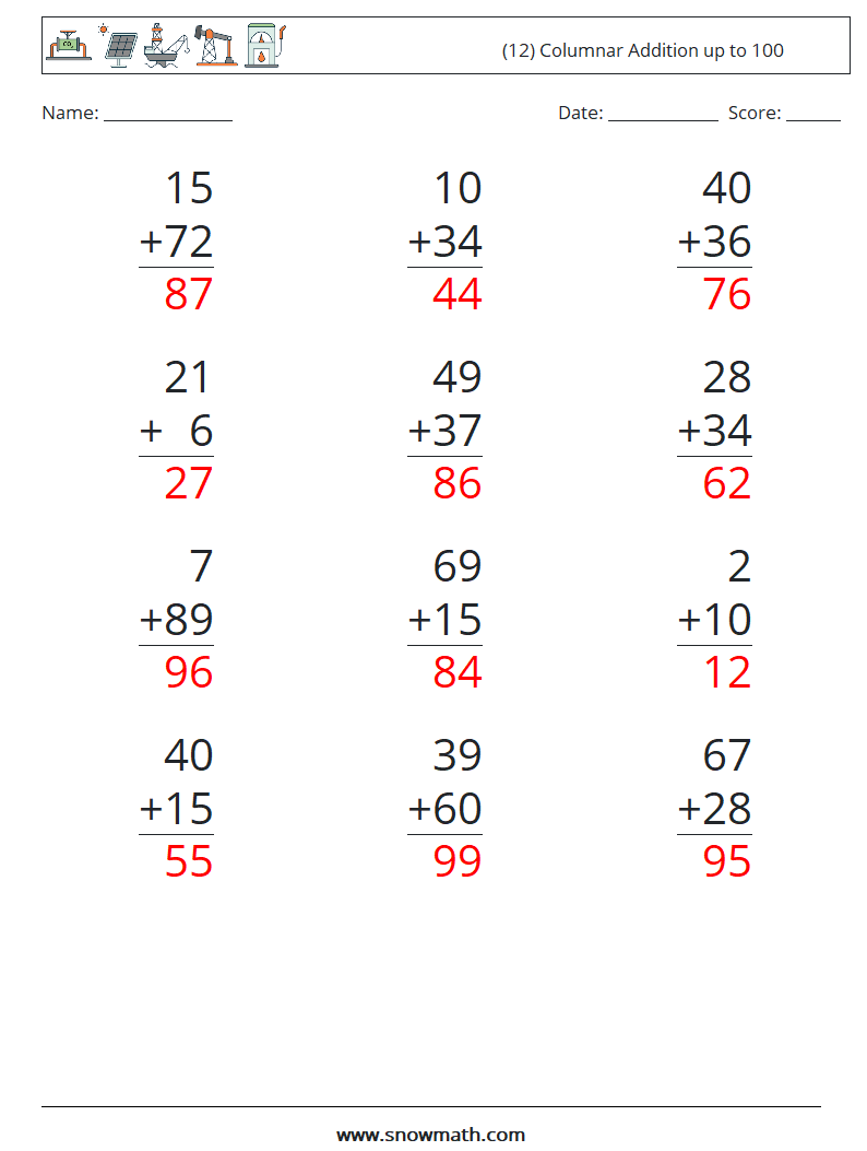 (12) Columnar Addition up to 100 Math Worksheets 12 Question, Answer