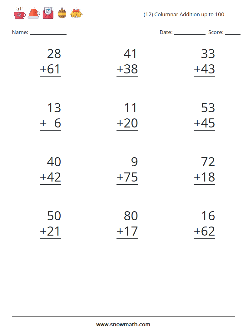 (12) Columnar Addition up to 100 Math Worksheets 13