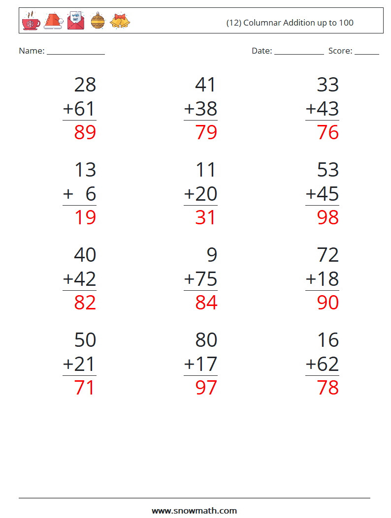 (12) Columnar Addition up to 100 Math Worksheets 13 Question, Answer