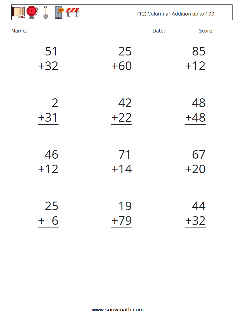 (12) Columnar Addition up to 100 Math Worksheets 14